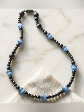 Hematite & Cobalt Blue Cat’s Eye Magnetic Necklace Quiet Luxury